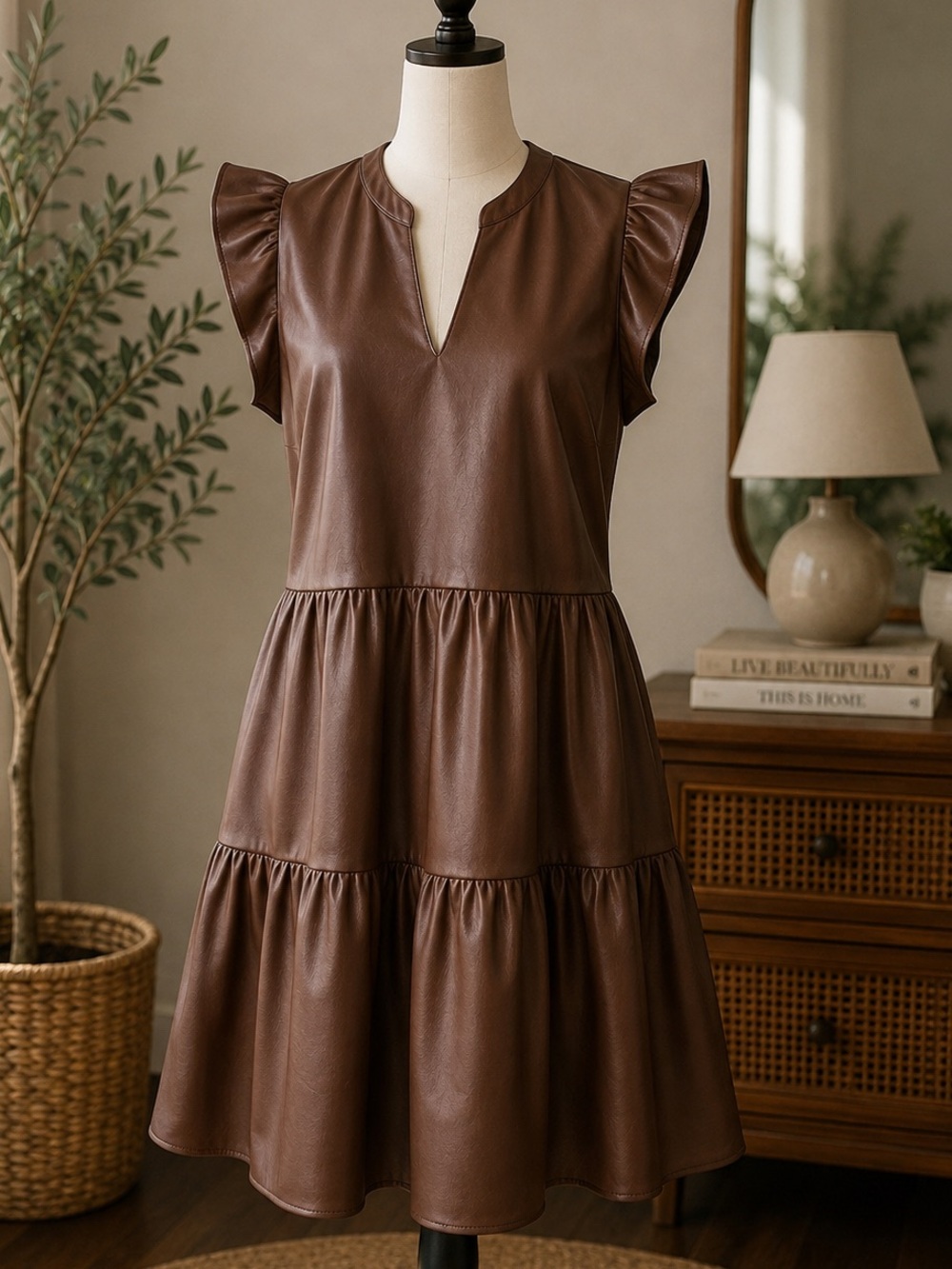 EVEREVE Ella Faux Leather Mini Dress M Brown Tiered Flutter Sleeve Pockets Fall